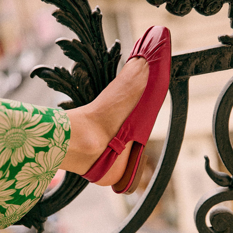 Red Slingback Shoes Women's Classic Square Toe Ruched Flats
