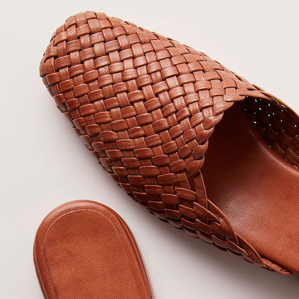 Brown Vegan Leather Square-Toe Woven Slip-On Lady's Formal Flats
