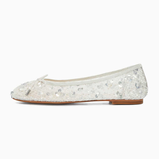 Chic White Mesh Sequin Flower Square Toe Bow Decor Ballet Flats