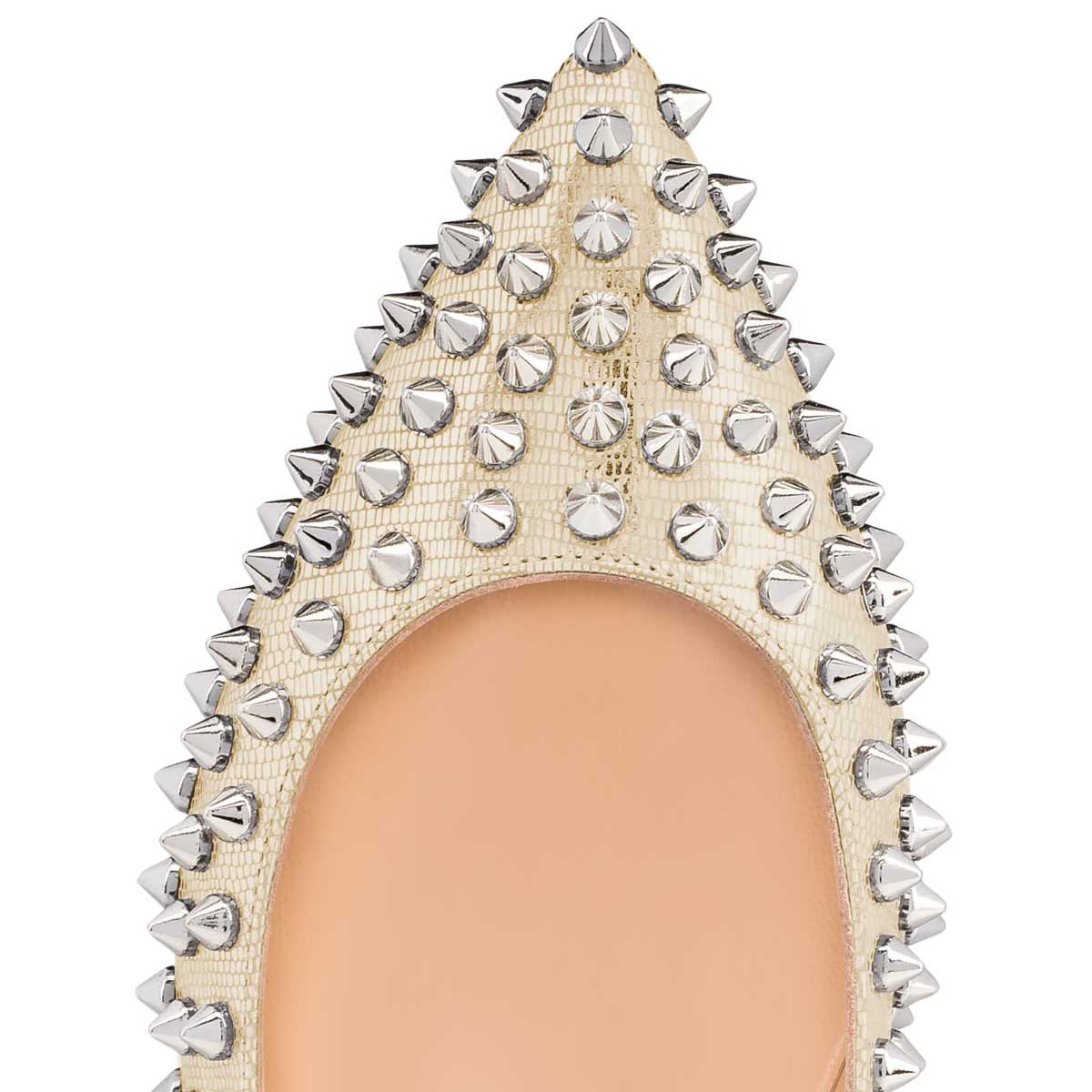 Chic Champagne Lizard Embossed Pointed Toe Flats with Rivets