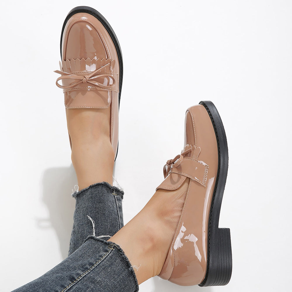 Beige Patent Leather Closed Toe Chunky Heel Formal Loafers