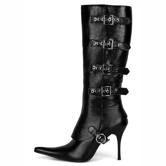Pointy Toe Buckled Straps Stiletto Heel Knee High Boots in Black