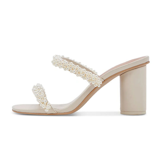 White Pearls Strap Open Square Toe Cylinder Heel Womens Mules Shoes