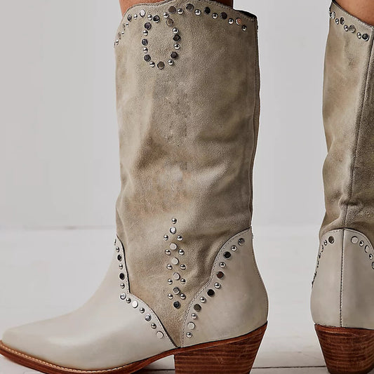 Light Taupe Vegan Suede Pointed Toe Western Mid Calf Boots with Studs
