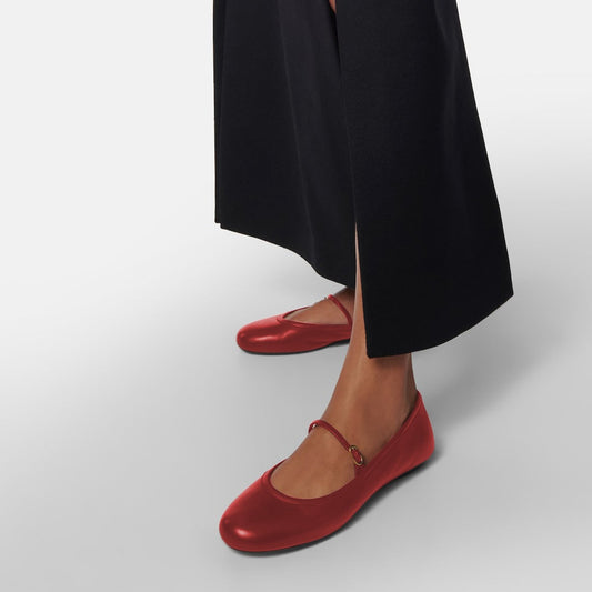 Red Vegan Leather Buckle Strap Round Toe Casual Ballet Flats