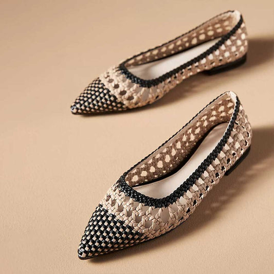 Stylish Nude & Black Pointed Toe Hollow Out Detailed Woven Flats