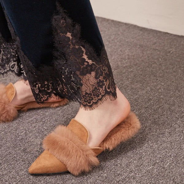 Women's Brown Vegan Suede Pointed Toe Furry Decorated Mule Loafers