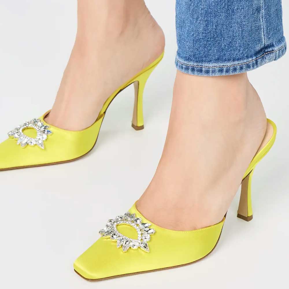 Yellow Square Toe Crystal Embellished Spool Heel Women's Mules Shoes