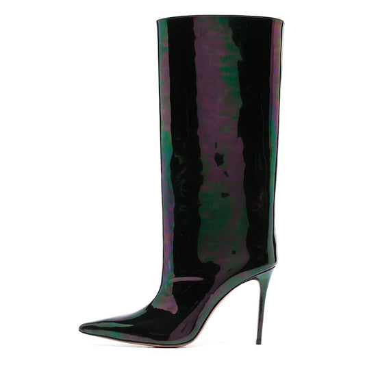 Black & Green Iridescent Patent Finish Stiletto Heel Knee High Boots