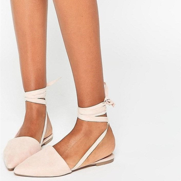 Beige Pointed Toe Strappy Comfortable Flats for Women