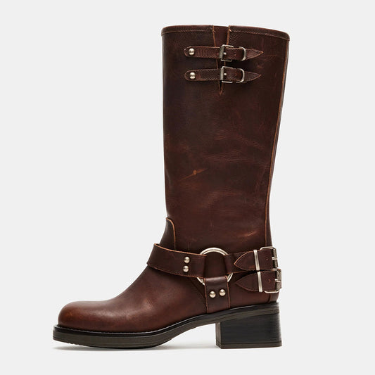 Brown Chunky Heel Buckle Strap Faux Leather Motorcycle Mid Calf Boots