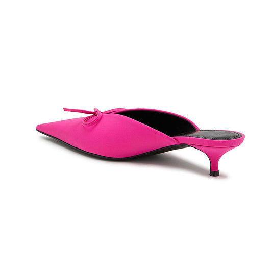 Women's Fuchsia Fabric Kitten Heel Pointy Toe Mules Shoes with Bow
