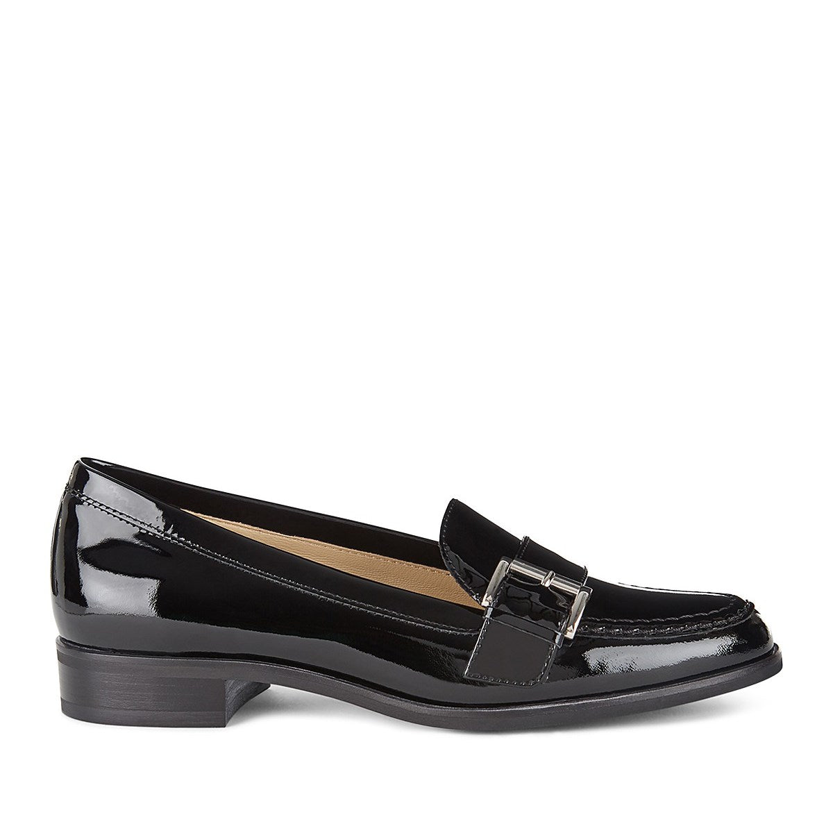 Black Round Toe Buckle Strap Patent Leather Flat Women's Loafers