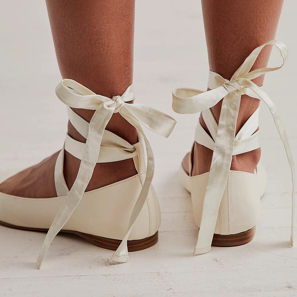 Ivory Vegan Leather Square Toe Lace-Up Ribbon Ballet Flats