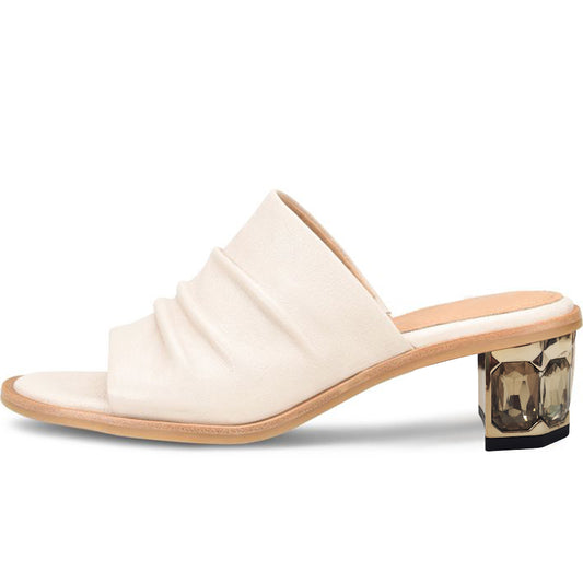 White Open Toe Decorative Heel Wide Band Mules