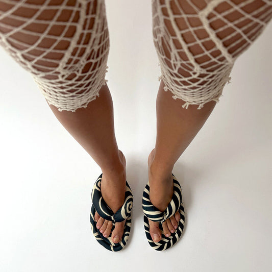 Black and Ivory Stripes Open Toe Flared Heel Mules Sandals