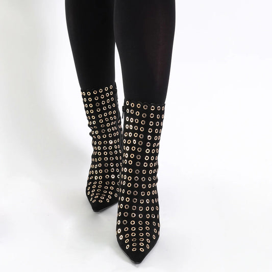 Black Faux Suede Pointed Toe 3'' Decorative Heel Studded Ankle Boots