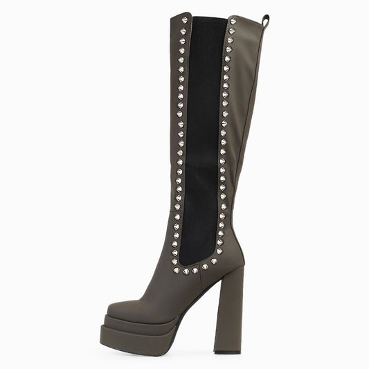 Gray Square Toe Boots Chunky Heel Studded Platform Boots