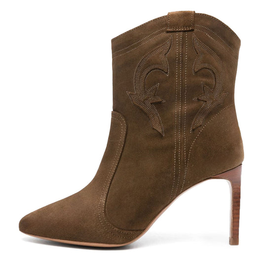 Vegan Suede Stitching Pointed Toe Stiletto heeled Ankle Boots in Brown