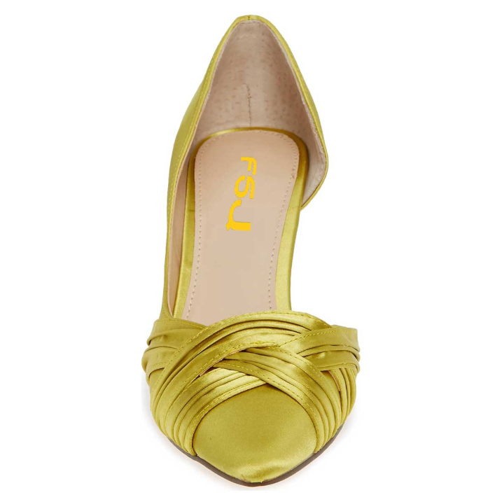Yellow Satin Pointed Toe Slip-On Pleated Strap Kitten Heel Pumps