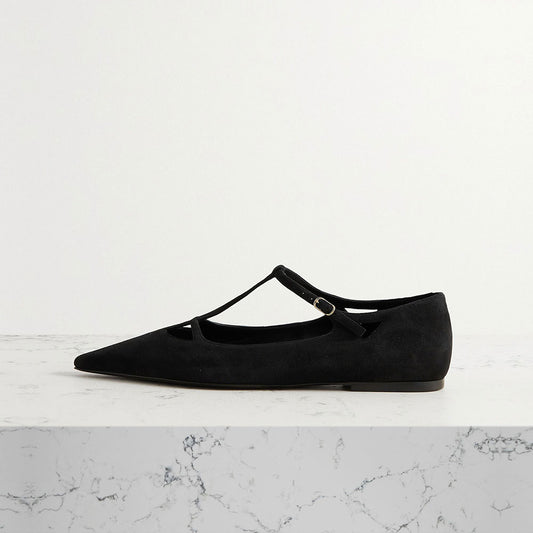 Vegan Suede Pointed Toe Cut Out T-Strap Women's Dress Flats in Black