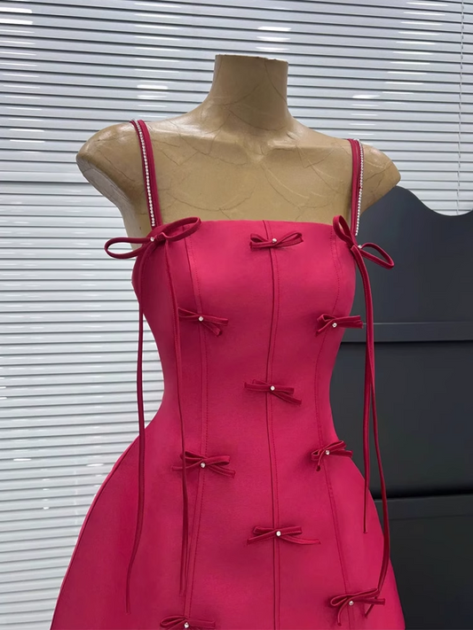 New Rose Pink Spaghetti Strap Bow Design A-line Party Dresses Homecoming Dresses, TP3845
