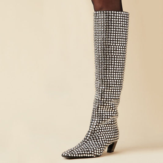 Stylish Rhinestone Embellished Chunky Heel Knee High Boots in Black