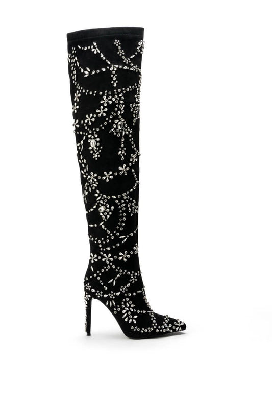 Women's Black Pointed Toe Rhinestone Decor Heeled Knee High Boots
