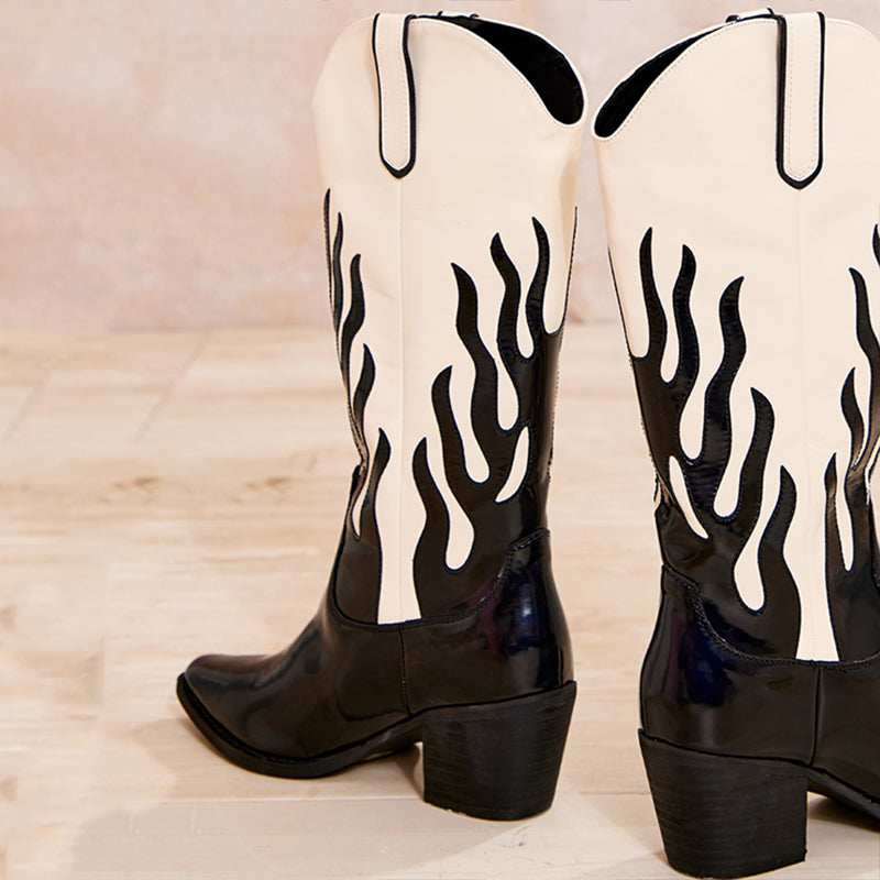 Black & Ivory Block Heel Patent Leather Pointed Toe Mid Calf Boots