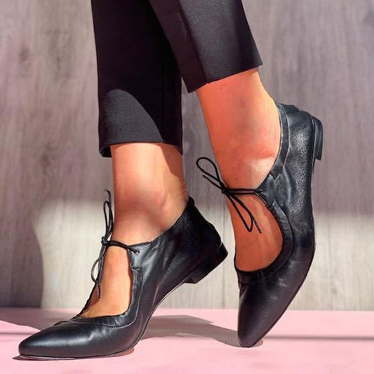 Women's Black Pointed Toe Casual Lace-up Flats