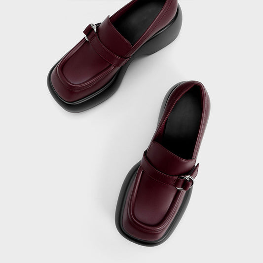 Burgundy Square Toe Chunky Heel Platform Loafers with Buckle Decor