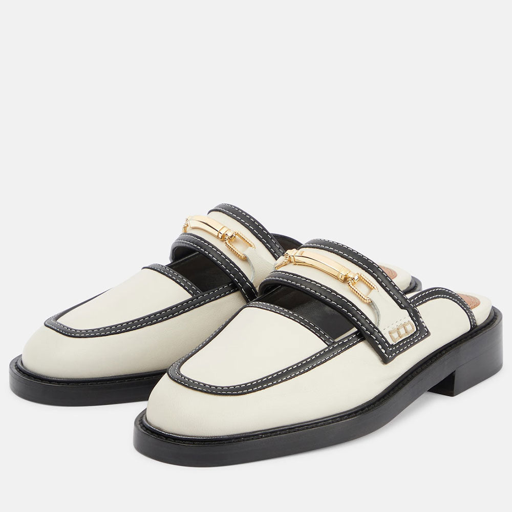 White & Black Round-Toe Low Block Heel Mule Loafers with Chain