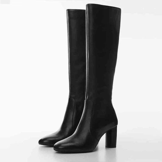 Black Round Toe Shoes Women's Classic Block Heel Knee High Boots