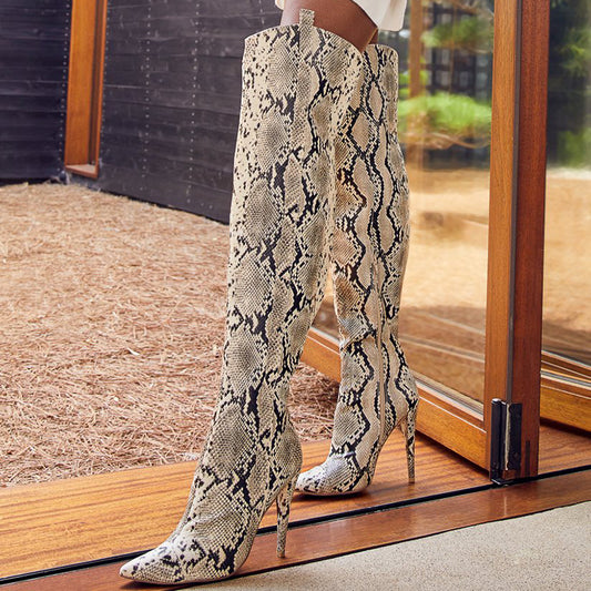 Women's Stylish Snake Embossed Pointed Toe Heeled Over The Knee Boots