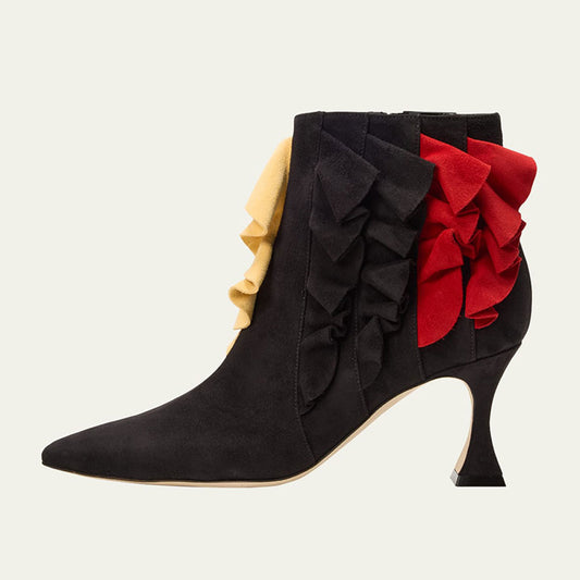 Black & Red Ruffles Design Pointed Toe Ankle Boots with Flared Heel