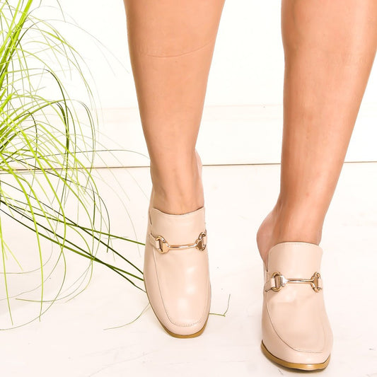 Beige Closed Toe Chunky Heels Horsebit Mule Loafers for Women
