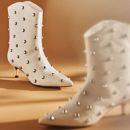 Beige Pointed Toe Studs Ankle Boots Kitten Heel Booties for Women