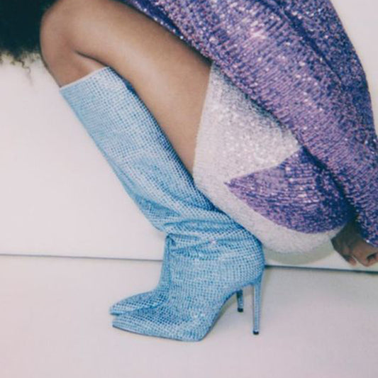 Blue Pointed Toe Stiletto Heels Rhinestones Fashion Knee High Boots