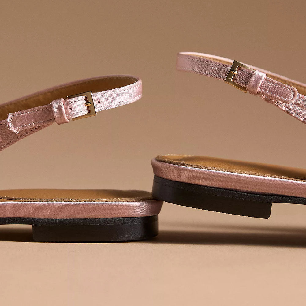 Elegant Pink Satin Buckle Strap Slingback Pointed-Toe Flats with Bow
