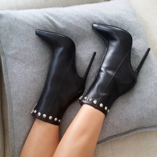 Black Vegan Leather Closed Toe Stiletto Heel Studded Ankle Boots