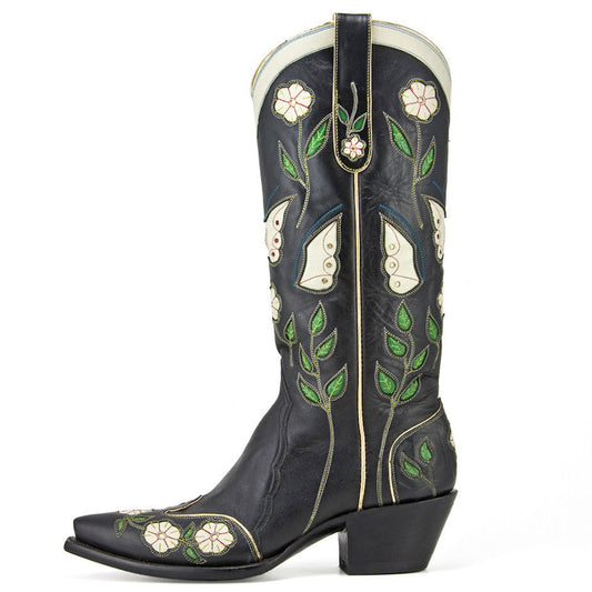 Black Snip Toe Butterfly Inlay Knee High Cowboy Boots for Women