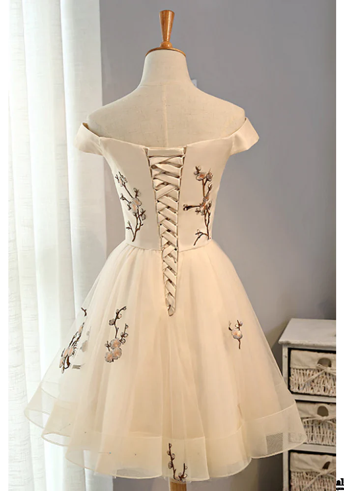 PM312,Off the shoulder ivory applique homecoming dresses