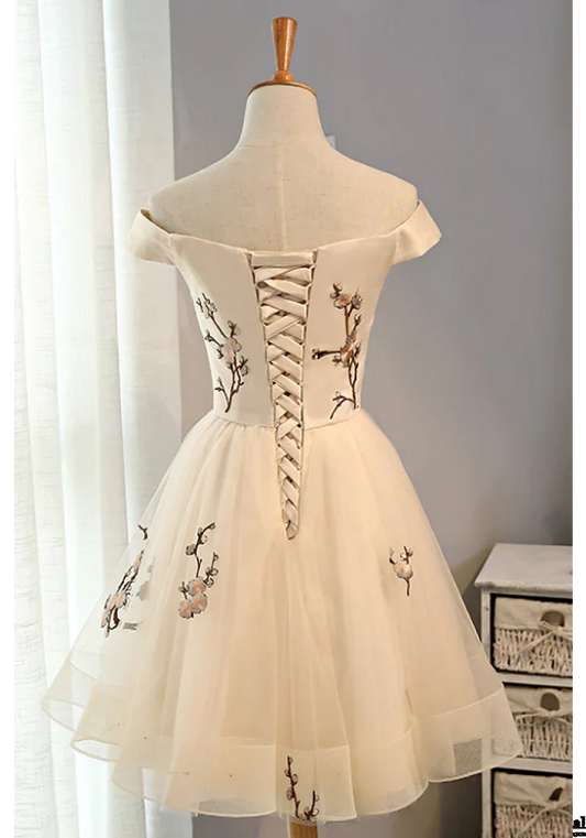 PM312,Off the shoulder ivory applique homecoming dresses