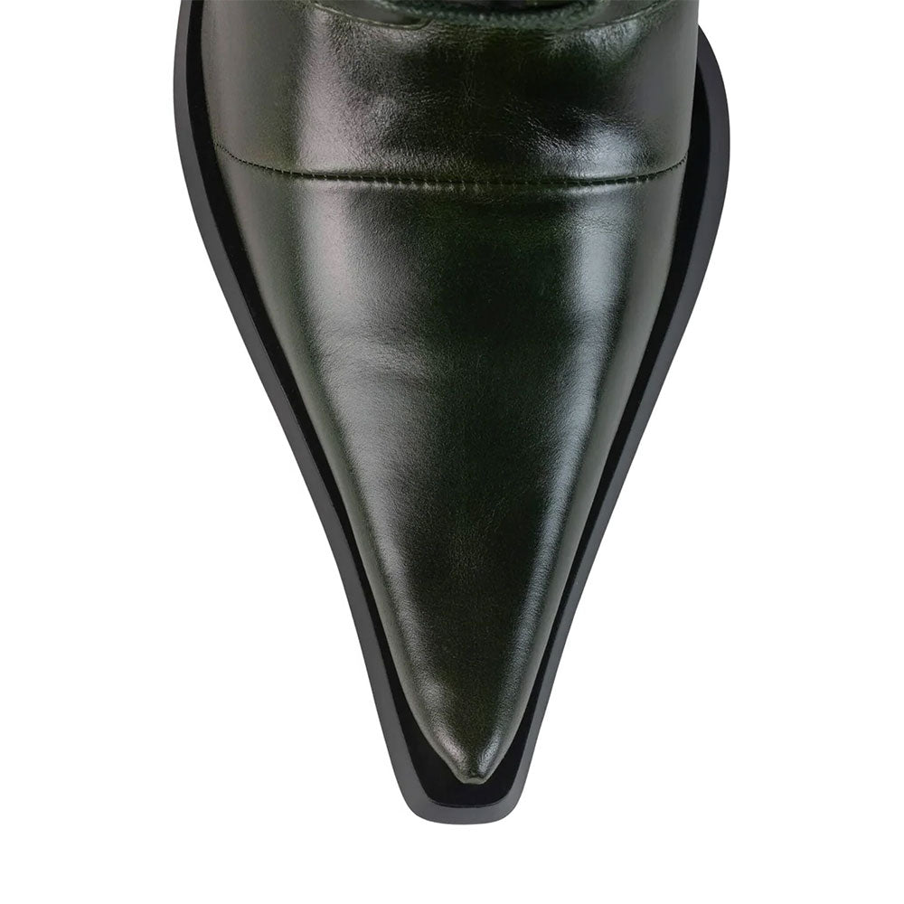 Dark Green Pointed Toe Tie-Up Spool Heel Zipper Mid Calf Boots