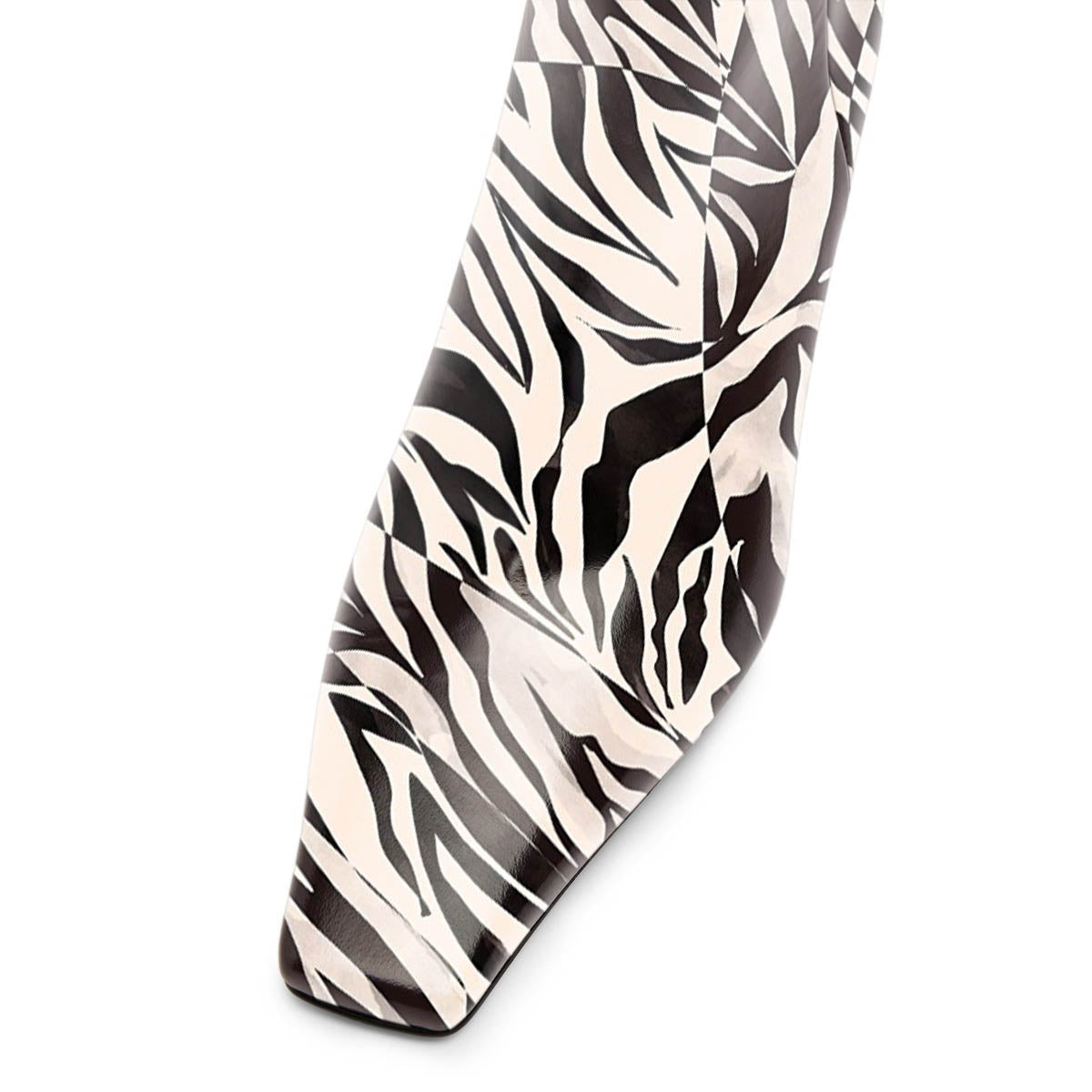 Beige and Black Zebra Print Knee High Boots with Decorative Heels