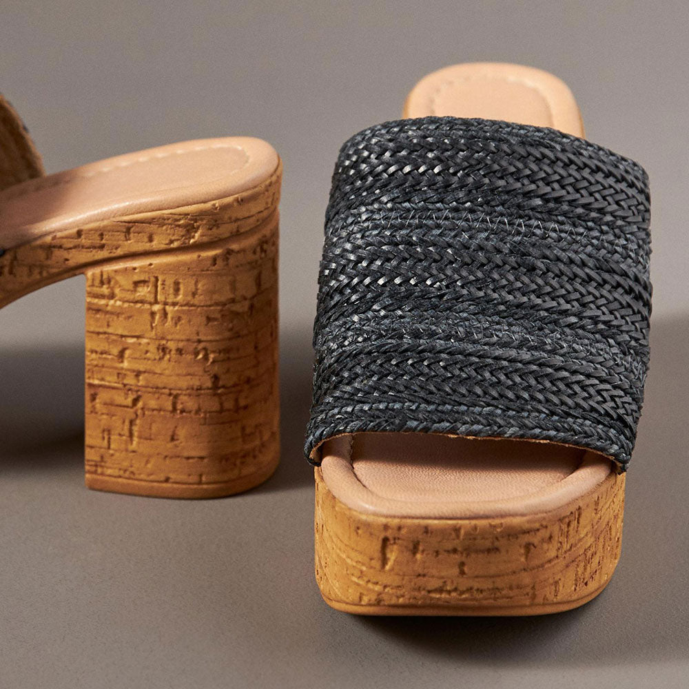 Black Woven Open Square Toe Block Heel Slip-On Platform Mules Shoes