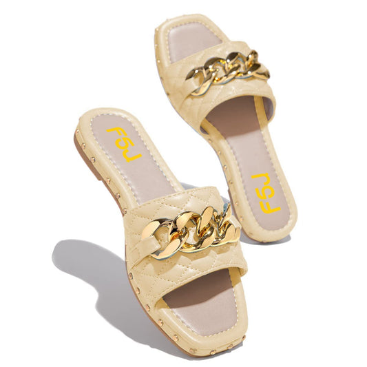 Beige Sewed Flat Mules Square Toe Chain Buckle Stud Slides