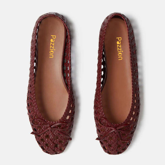 Maroon Hollow-Out Braided Casual Women Sandals Flats with Bow