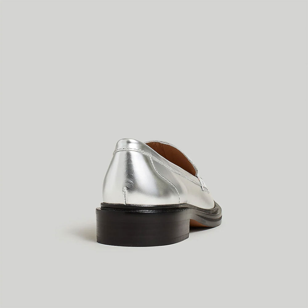 Silver Metallic Finish Round Toe Flat Penny Loafers for Women