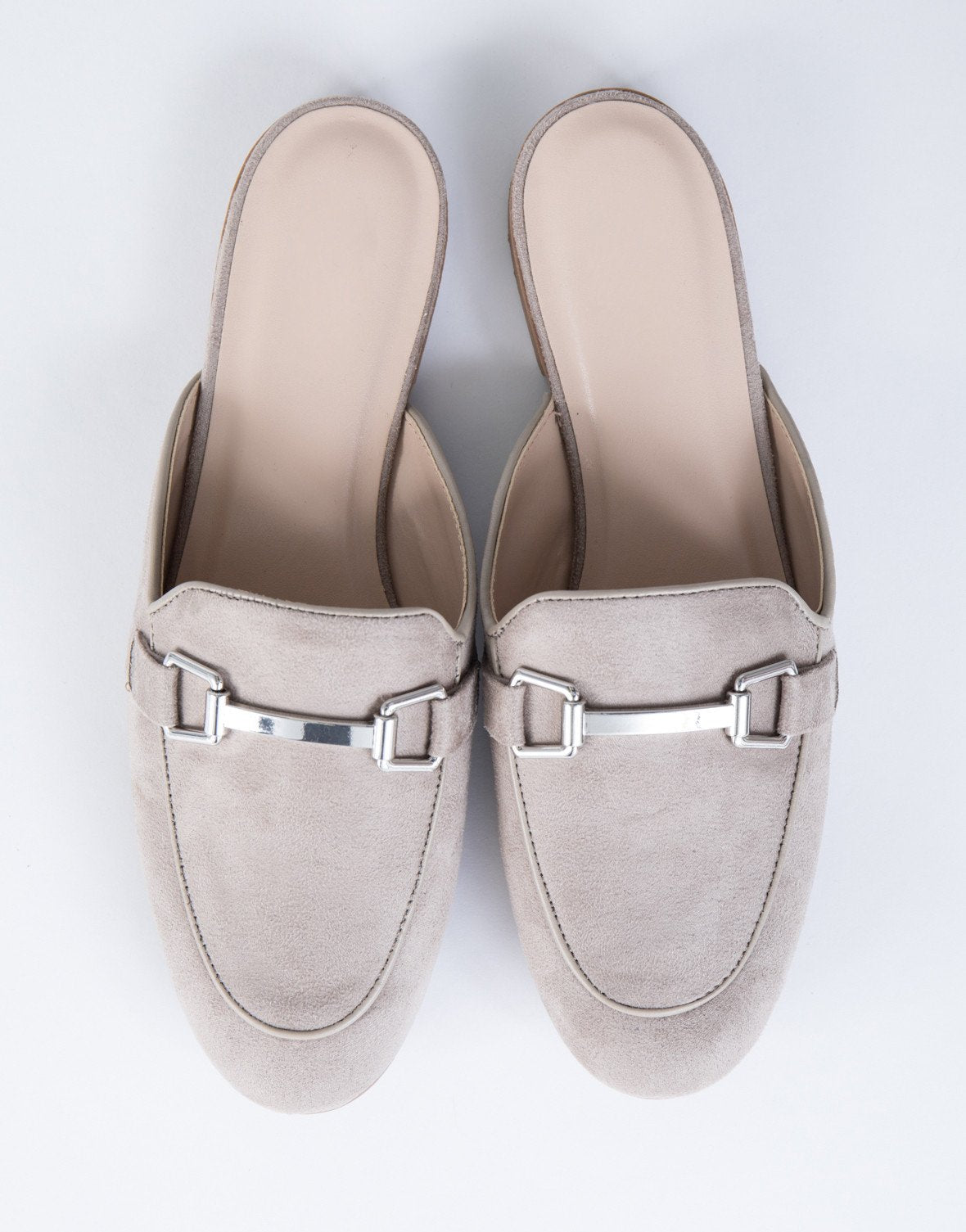 Grey Vegan Suede Round Toe Horsebit Flat Mule Loafers for Women